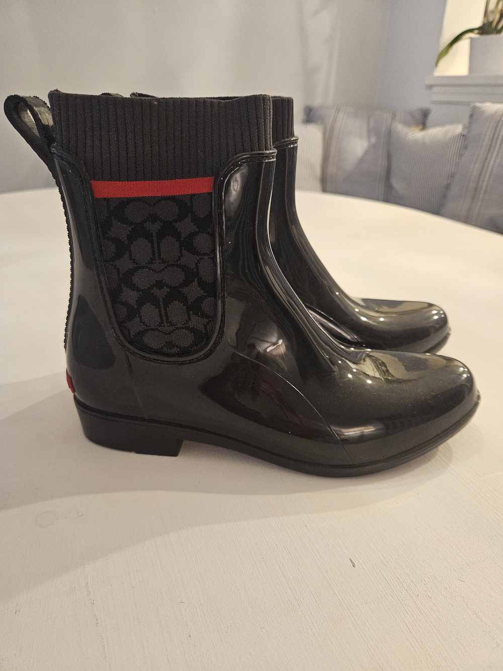 Coach Black Signature Rain Ankle Boots with Red Trim